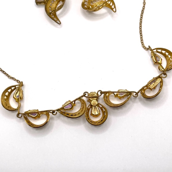 Vintage Germany Signed Gold Tone AB Rhinestone Necklace Clip-on Earring Set - Picture 11 of 13